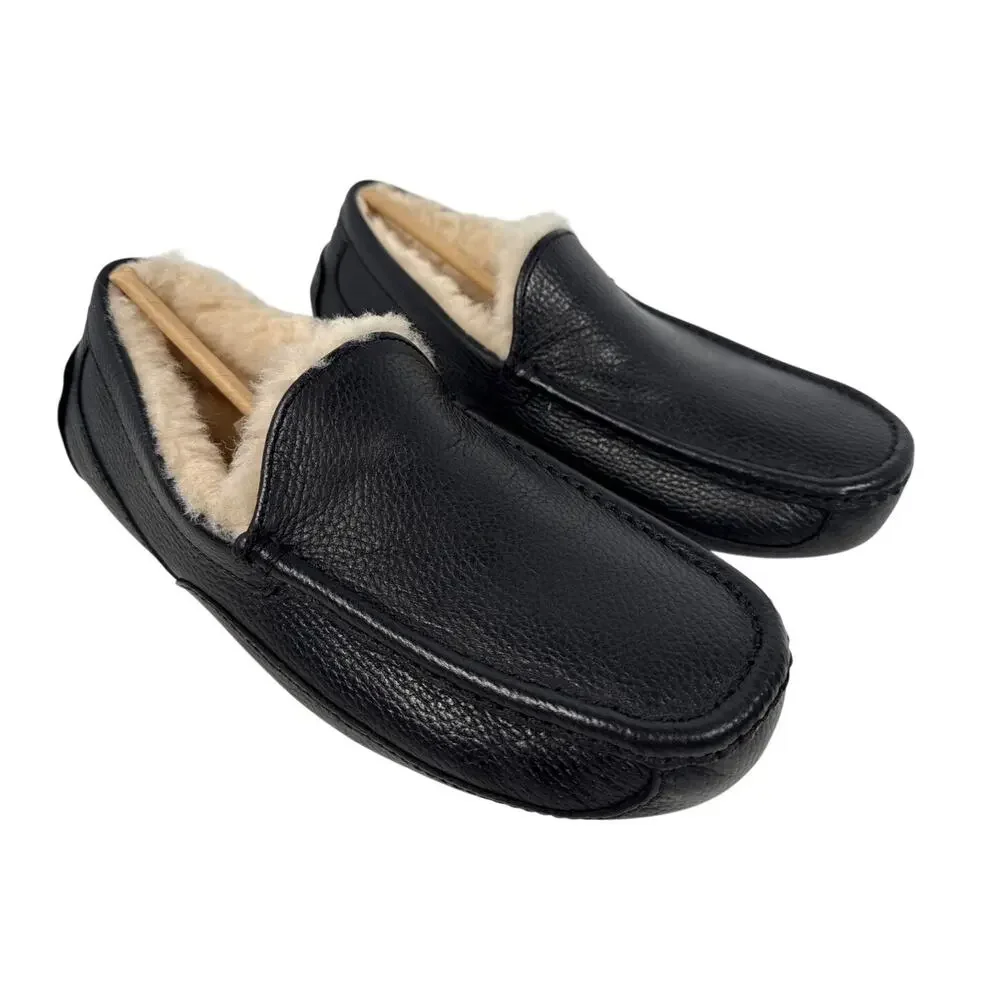 Ugg Ascot Slipper Mens Size 8 Black‎ Leather Slip On Lined